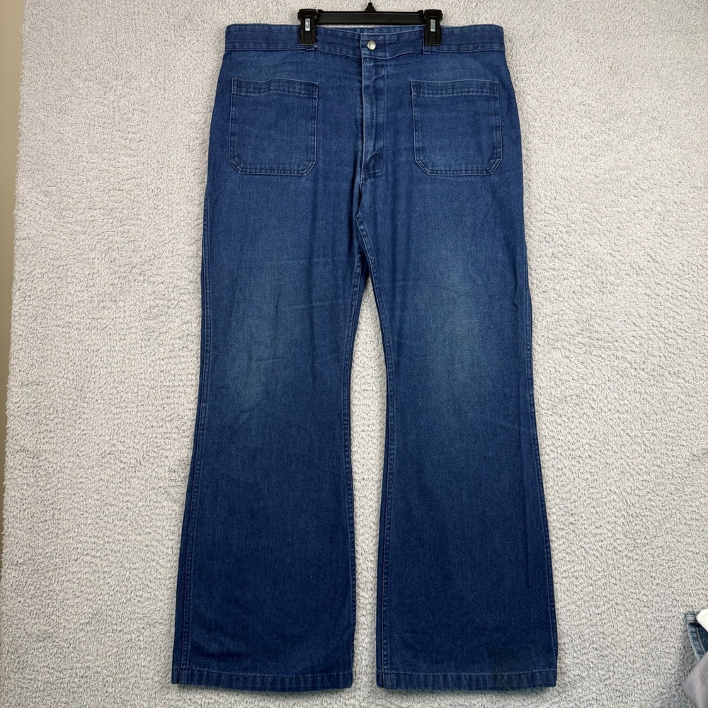 Vintage Seafarer Dungarees Mens 38 Blue Patch Pocket Flare Leg Rugged 70s